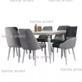 میز و صندلی ناهار خوری 6 نفره چوبی پیکاسو طوسی روشن و تیره پشت صندلی لمسه داخل صندلی شیاری 155*90*77 برند صنعت چوب کارما